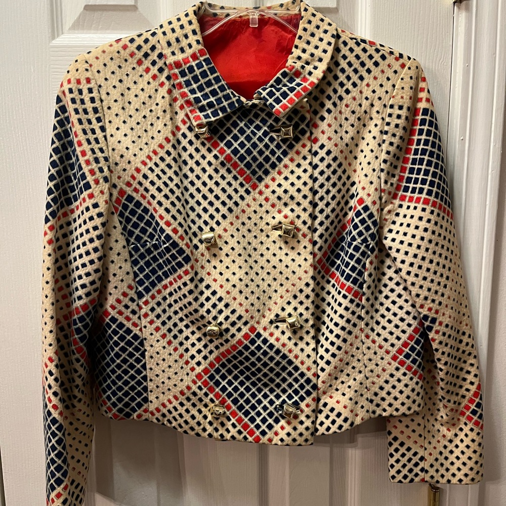 Vintage double-breasted lined blazer with gold statement buttons, size 14